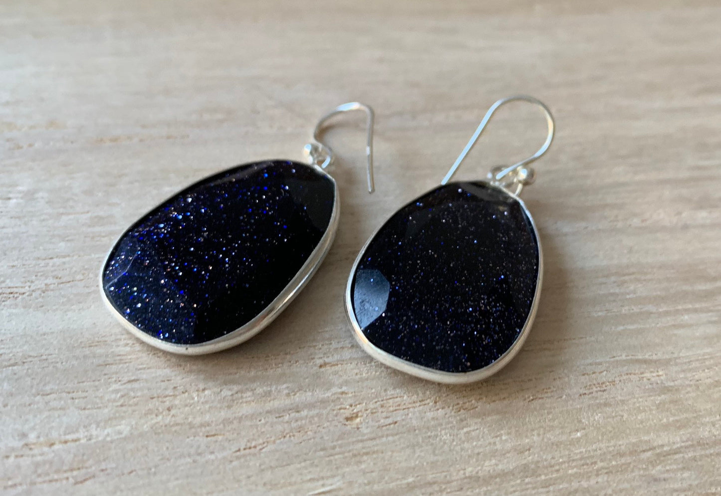 Big blue sandstone faceted silver earrings