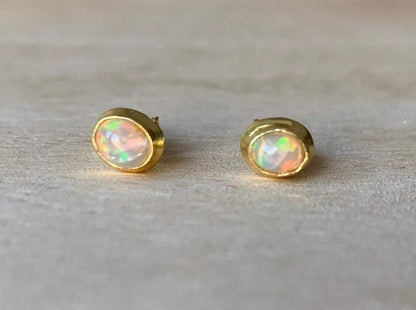 Opal stud gold plated silver earrings Oval