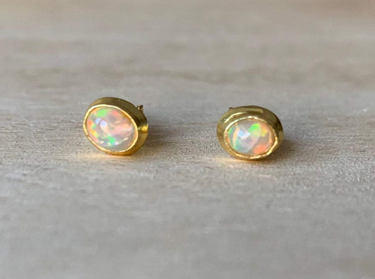 Opal stud gold plated silver earrings Oval