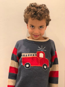 Boy Alpaca Sweater Fire engine motif, Boy Alpaca Jumper Sweater/Pullover Fire engine
