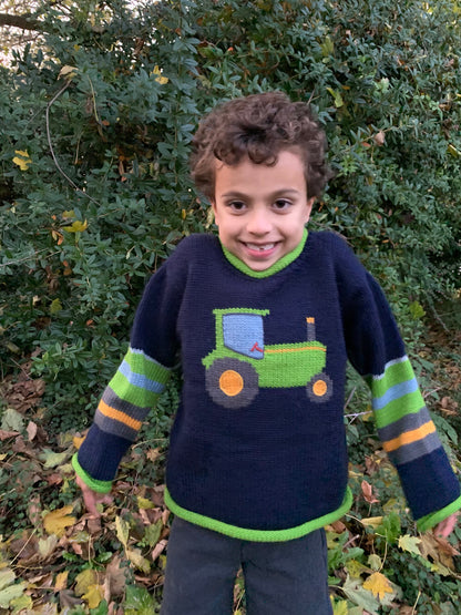 Tractor knit Jumper, Kids sweaters, Blue and green tractor Sweater, Alpaca Knitted jumper, Blue knit children jumper, Farm kids jumper