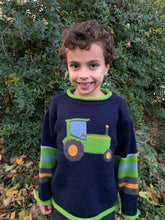 Load image into Gallery viewer, Tractor knit Jumper, Kids sweaters, Blue and green tractor Sweater, Alpaca Knitted jumper, Blue knit children jumper, Farm kids jumper