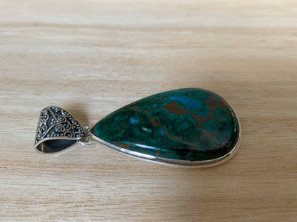 Big Azurite malachite silver pendant, Teardrop azurite malachite pendant, Big azurite malachite necklace