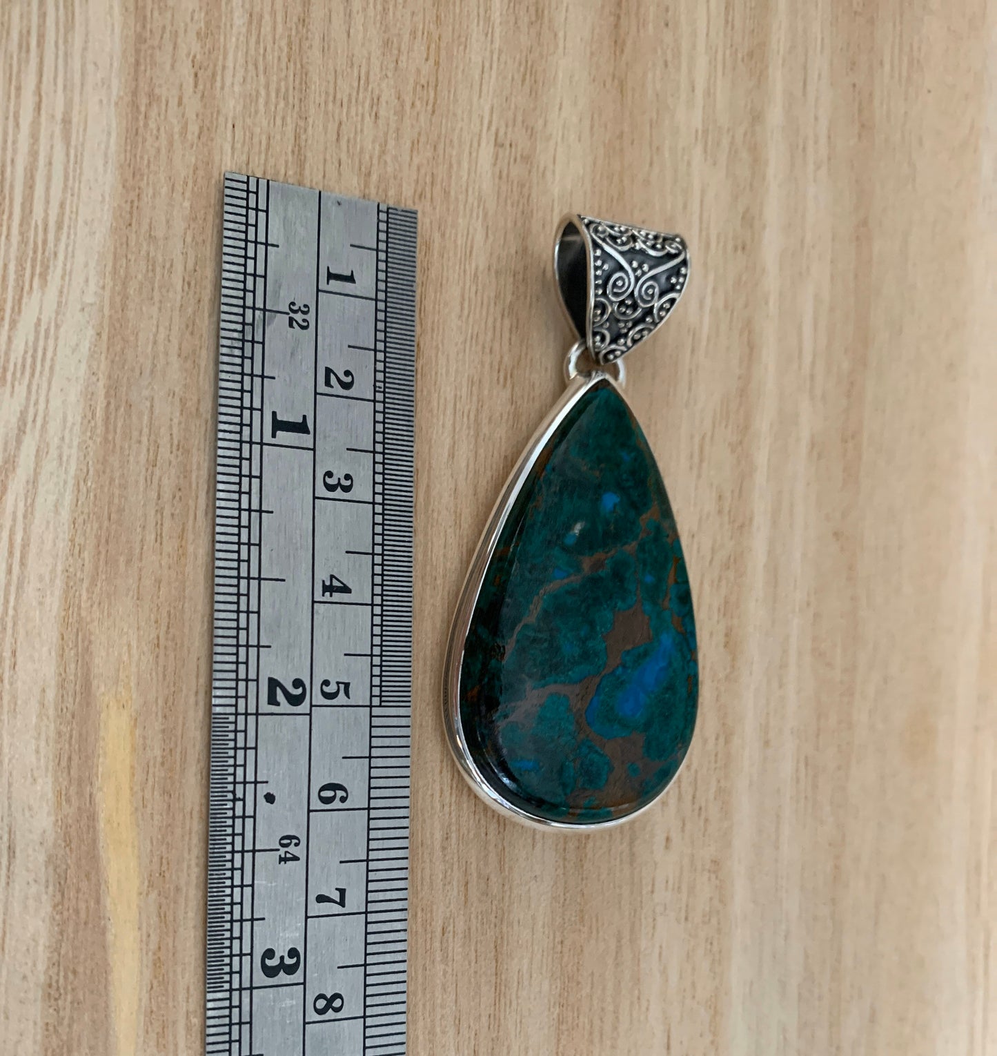 Big Azurite malachite silver pendant, Teardrop azurite malachite pendant, Big azurite malachite necklace