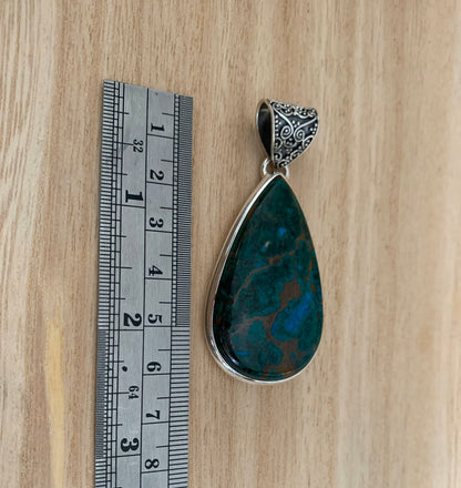 Big Azurite malachite silver pendant, Teardrop azurite malachite pendant, Big azurite malachite necklace