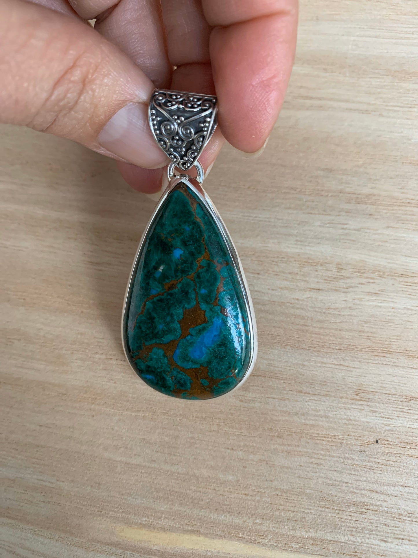 Big Azurite malachite silver pendant, Teardrop azurite malachite pendant, Big azurite malachite necklace