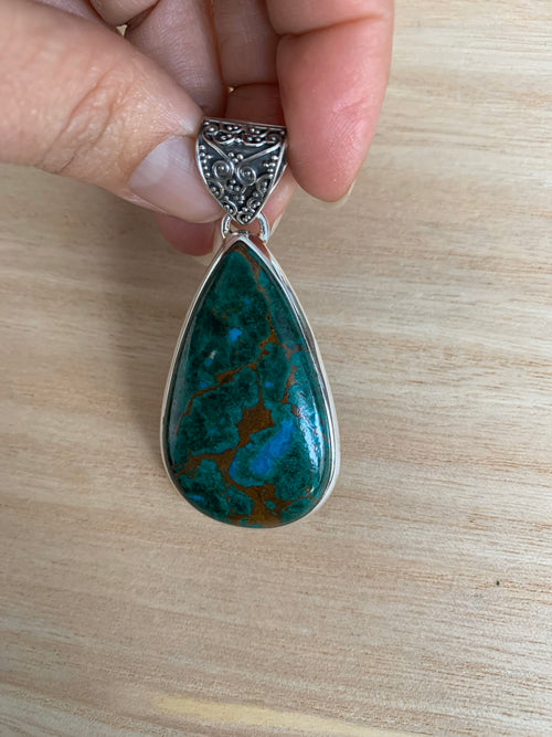 Big Azurite malachite silver pendant, Teardrop azurite malachite pendant, Big azurite malachite necklace