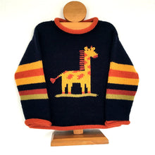 Load image into Gallery viewer, Toddler knit sweater, children knitted jumper, Alpaca wool Jumper, Blue Jumper, Giraffe Girl Pullover, Boy giraffe motif jumper