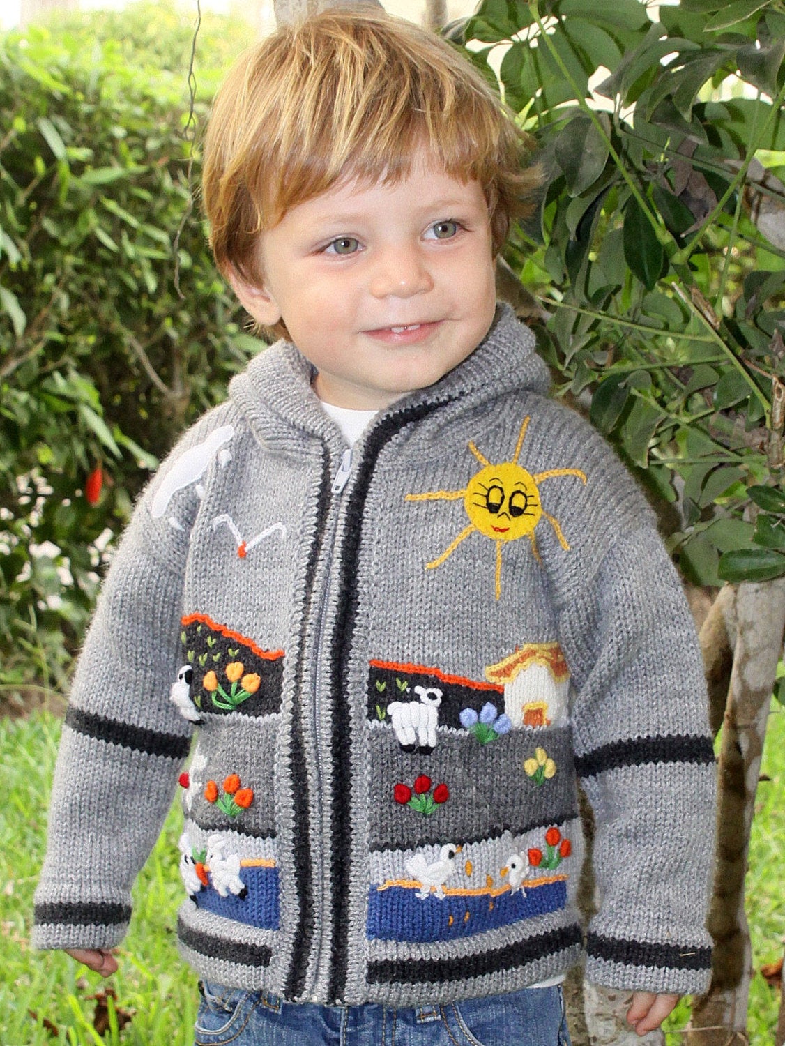 Boy/Baby/Children/Kids Grey fleece lined knitted Cardigan/Sweater/Jacket/Coat with hand embroidered applications